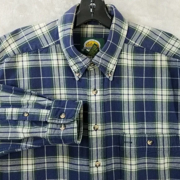 Cabelas Shirt Men L Blue Plaid 100% Heavyweight Cotton‎ Outdoor Cabin Workwear