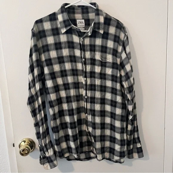 Zara Men’s Plaid Long Sleeve Shirt Relaxed Fit Black White Large