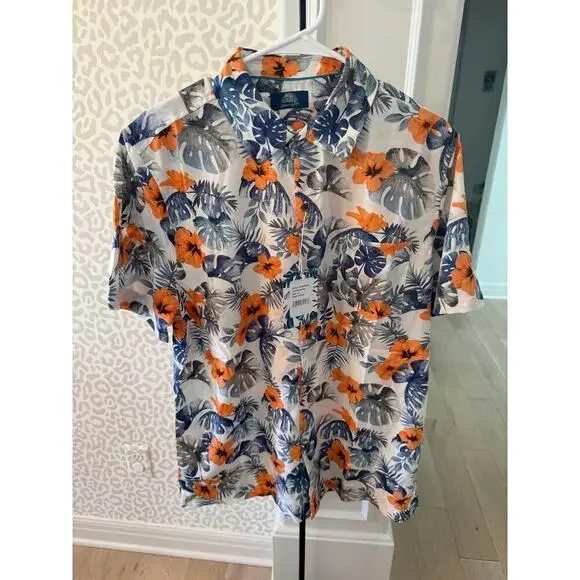 Havana Jim Men's White Blue Floral-Print Hawaiian Shirt Size M