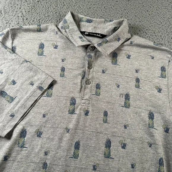 Travis‎ Mathew Polo Mens L Pineapple All Over Print Gray Golf Shirt Embroidered