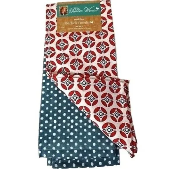 Pioneer Woman Mod Geo Kitchen Towels 2-Piece Geometric Retro Dot Red Teal White