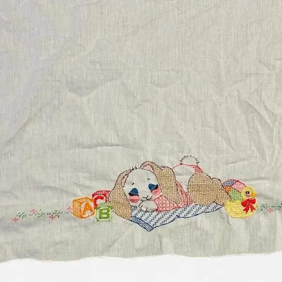 Vintage hand embroidered white cotton tablecloth w ABC blocks bunny rabbit toys