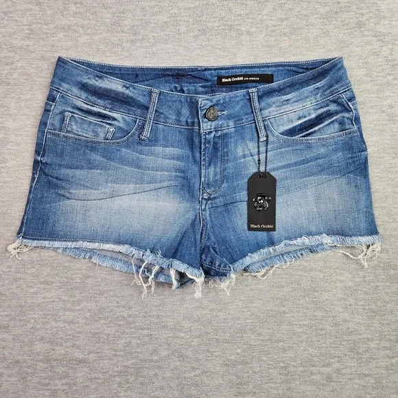 Black Orchid Denim Shorts Women Low Rise Distressed Frayed Hem Blue NWT Sz 31