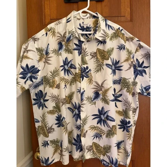 Pierre Cardin Mens Tropical Camp Shirt Size 4XL Cream Short Sleeve Button Down