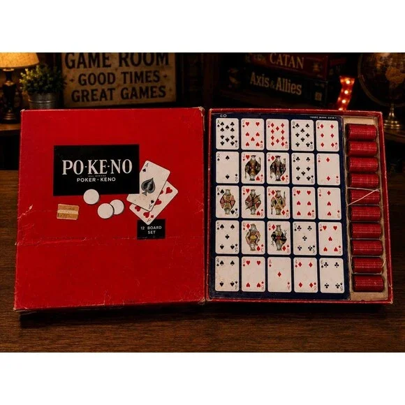 Vintage PO-KE-NO Poker Keno 12 Board Set U.S. Playing Card Co Red Box Game