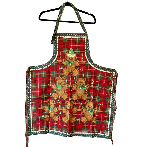 Christmas Apron Teddy Bear Candy Canes Green Red Plaid Bib Bright Colors