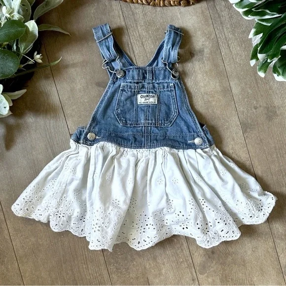 OshKosh B'gosh Blue and White Denim Eyelet Overalls Jumper Dress 18m Girl
