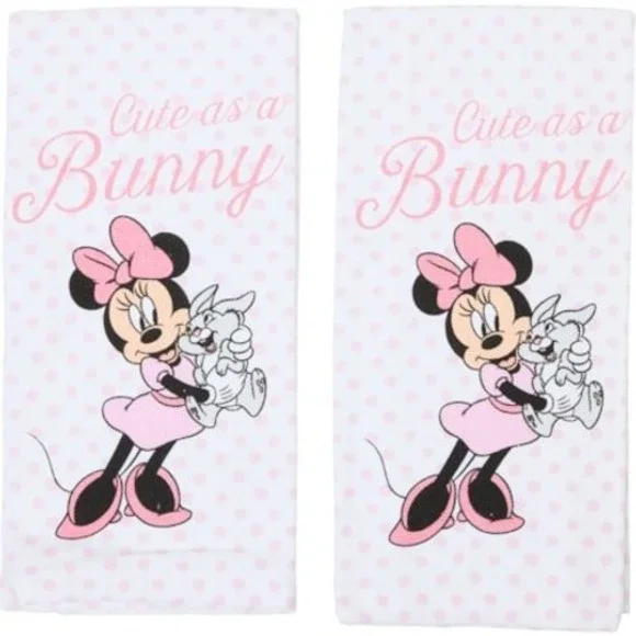 Disney Minnie Mouse Cute as a Bunny Pink Polka Dot Kitchen Towel Set of 2 New