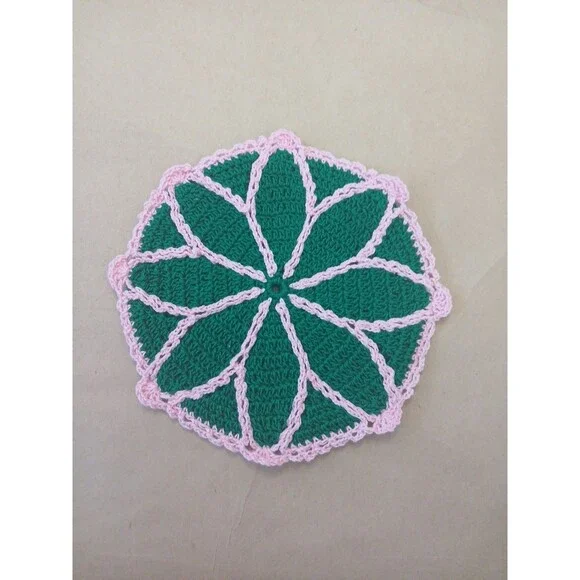 Round Crocheted Trivet Green & Pink Cottagecore Granniecore