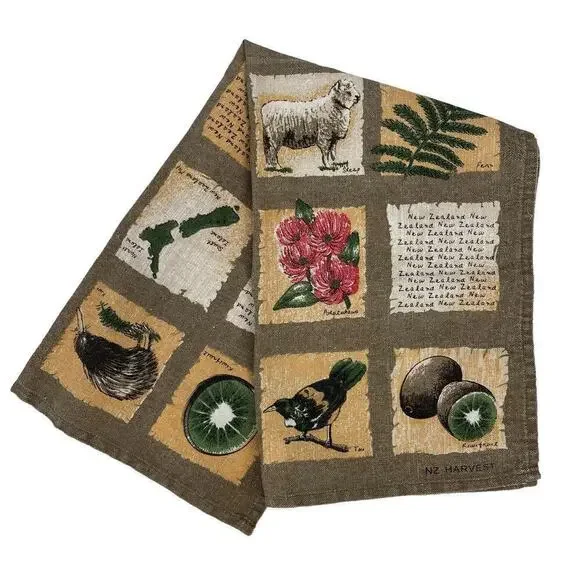Vintage Tea Towel Linen‎ Harvest Derek of New Zealand Floral Fruit