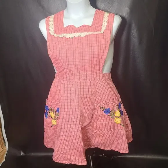 Vintage style apron, pink plaid ruffle floral embroidered dress style large