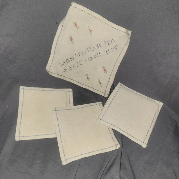 Vintage Linen Hand Embroidered Cross Stitch Coasters Tea