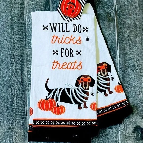 Halloween Dachshund Dog Tricks for Treats Kitchen Dish Towels Set