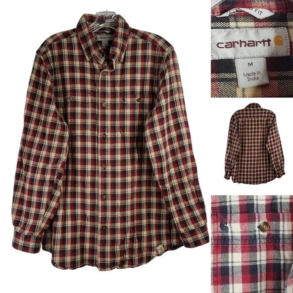 Carhartt Size Medium Plaid Relaxed Fit Long Sleeve Button Shirt Cotton Red