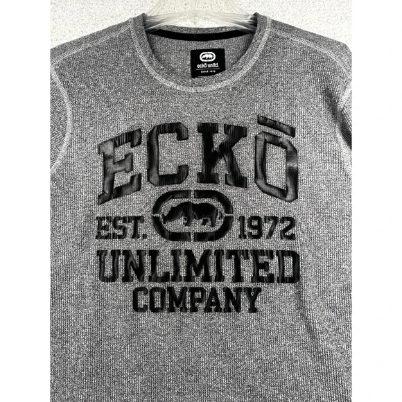 Ecko Unltd Shirt Mens L Waffle Knit Rhino Logo Gray Long Sleeve Thermal Y2K EUC