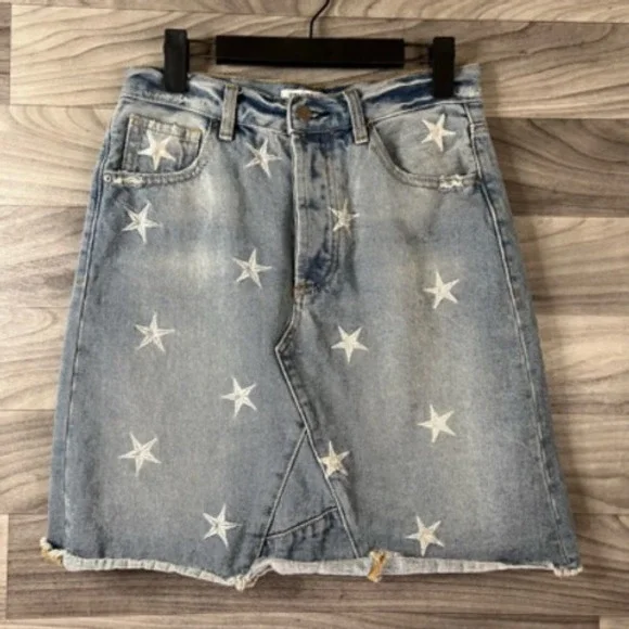 Yelena Denim Skirt Jean Womens 27 Blue Above Knee Raw Hem Stars 4th‎ Of July