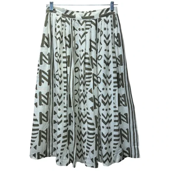 Rumours VTG Tribal Geometric Midi Skirt White Olive Rayon‎ Flax Blend 11/12 USA