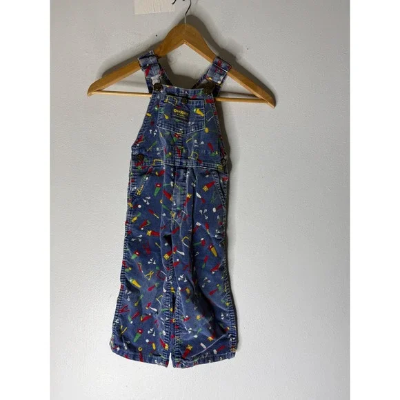Vintage‎ Oshkosh blue corduroy overalls all over tool print boys size 4