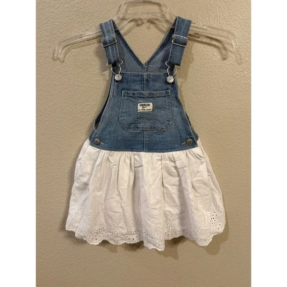 OshKosh Overall Dress Toddler 3T Blue White Excellent Eyelet Lace Denim Bib