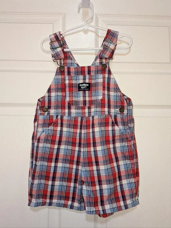 Oshkosh Vintage Red White Blue Plaid Overalls 4T