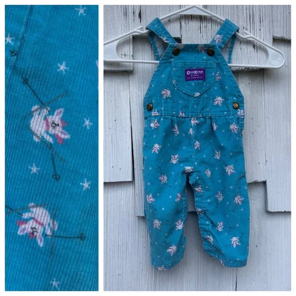Vintage OshKosh B'gosh Baby Teal Bunny Corduroy‎ Overalls Size 3/6 Months