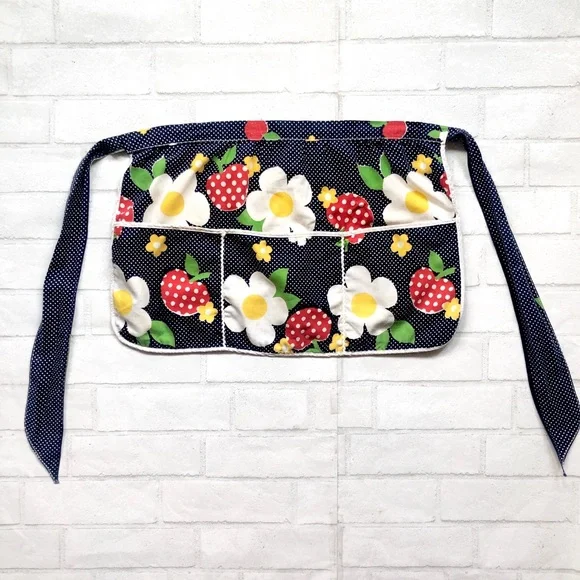 Vintage Cottagecore Strawberry Polka Dot Garden Apron 3 Pocket Retro Navy