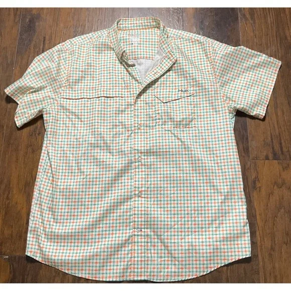 Huk Mens XL Fishing Shirt Short Sleeve Plaid Gingham Orange Green Performance