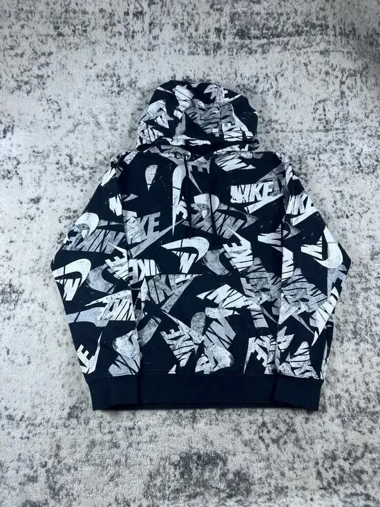 Nike Sportswear All Over Print Hoodie Mens M Black White Graphics Streetwear