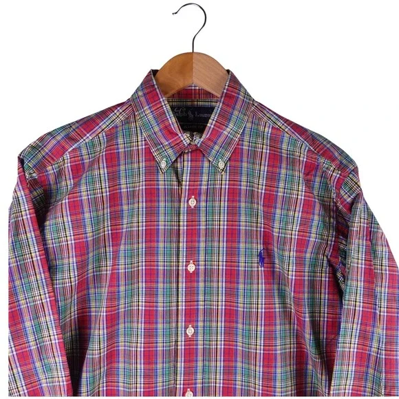 Polo Ralph Lauren Mens Classic Fit Plaid Button Down Shirt Red Green Blue S 14.5