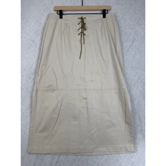 Vtg Stretch Khaki Denim Maxi Skirt 14 Lace Up Corset Waist Western Modest Y2K