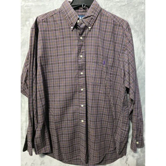 Ralph Lauren Mens L Shirt Brown Purple Check Striped Classic Casual Purple Pony