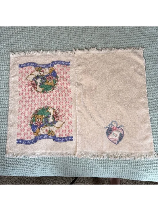 Vintage Cannon 2 Kitchen Hand Towels Fringe Cottage Granny Goose Embroidered 90s