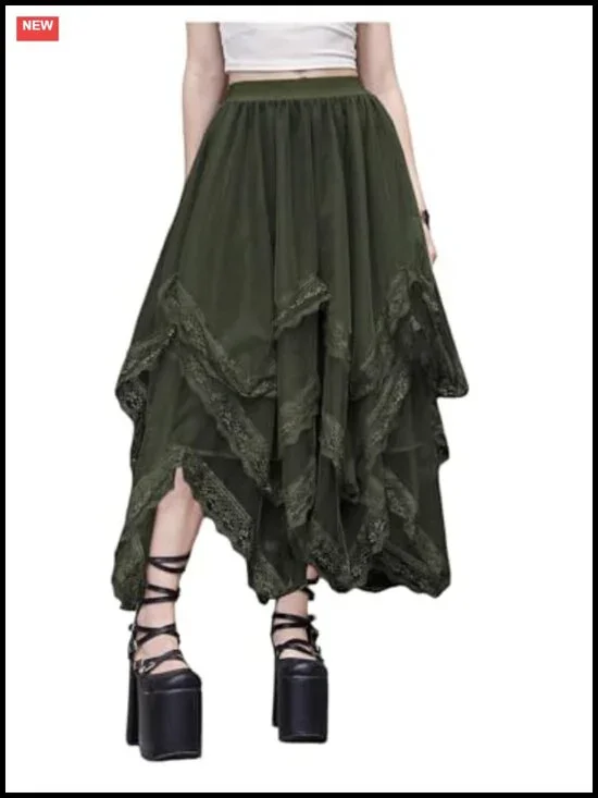 Lace Trim Layered Mesh Tulle Asymmetrical Goth Maxi Skirt High Waist