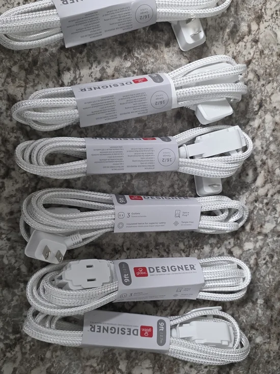 6 New Globe Designer Fabric Braided Extension Cord Power Strips White