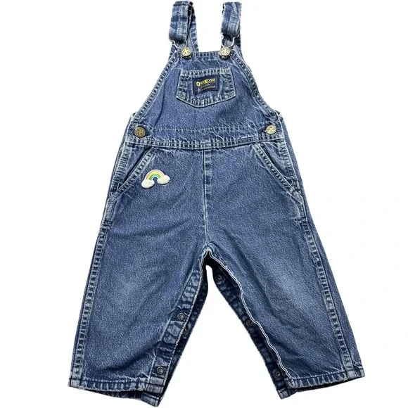 Vintage OshKosh B'gosh Overalls Infant Girls 18M Blue Denim Llama Rainbow USA *