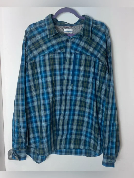 Columbia Shirt 2X‎ Blue Plaid Battle Ridge Long Sleeve Outdoors Tactical Pocket