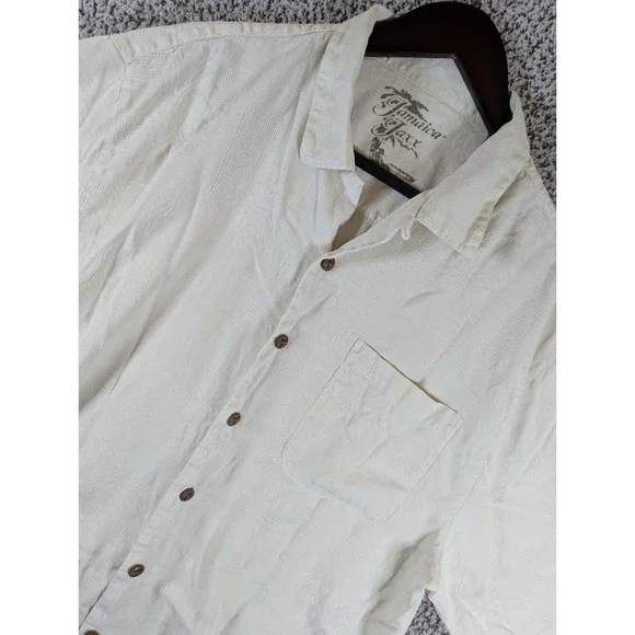 Jamaica‎ Jaxx Silk Button Up Shirt Jacquard Short Sleeve Cream Beige Mens Large