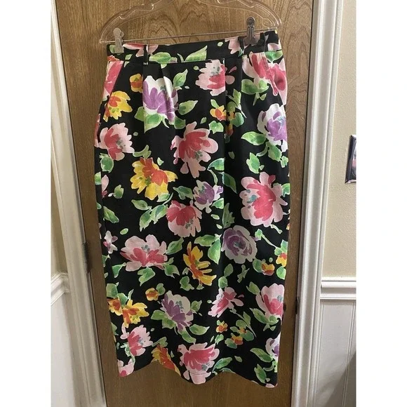 Vintage On The Verge Denim Black Multicolor Floral Pencil Skirt ButtonSlit 13/14