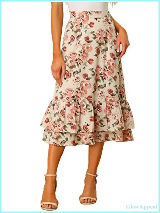 High Waist Floral Chiffon Ruffle Midi Skirt, Layered High Low Flowy with Hidden