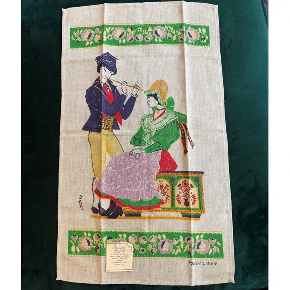 Vintage Polish Linen Tea Towel Slazacy Folk Art Hand Printed 16x30 New