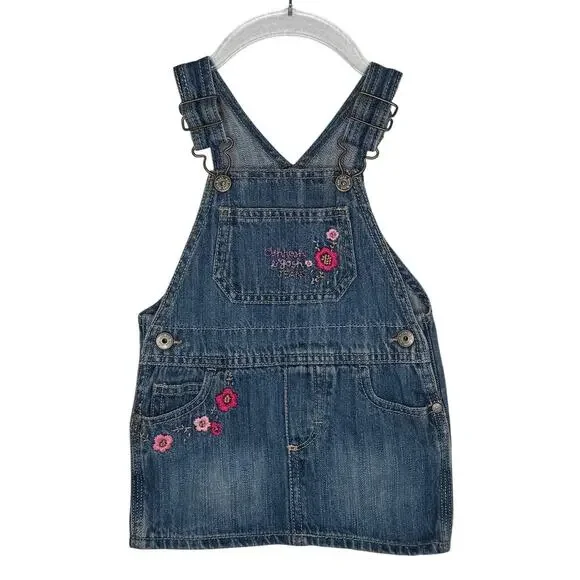 Y2K OshKosh B’gosh Denim Jumper Dress Floral Embroidered 12M