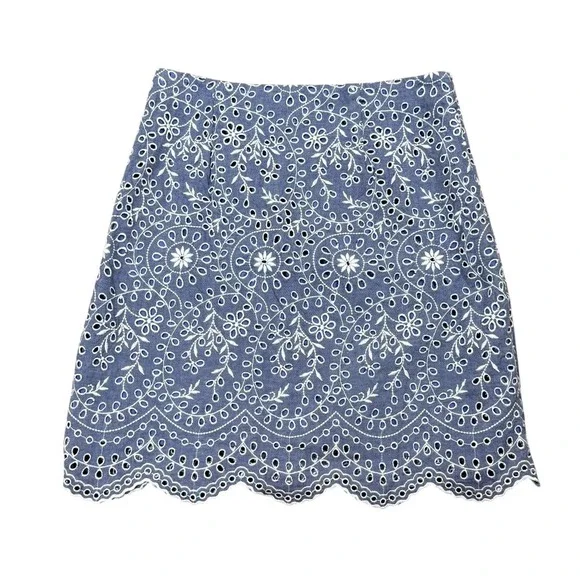 NWT Loft Blue & White Eyelet Scalloped Floral Embroidered Chambray Skirt Size 2