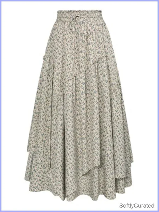 Women's Floral Maxi Skirt A-Line Elastic Waist, Layered Hem, Pockets,