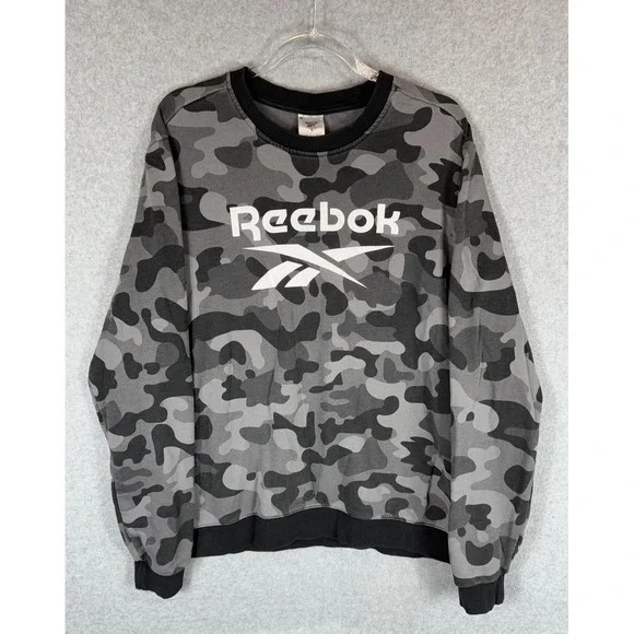 Reebok Sweatshirt Mens Large Gray Black Camo Crewneck Pullover Logo Athletic