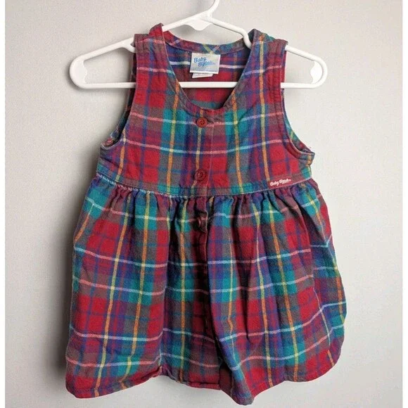 Vintage OshKosh Girls Pink Blue Plaid Overall Dress 18 Months Sleeveless Cotton