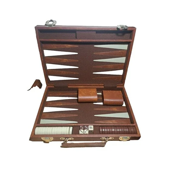Vintage Backgammon Game Set Faux Leather Brown Case 15x10 No Instructions