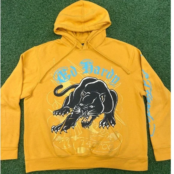 Ed Hardy Yellow Panther Tattoo Graphic‎ Hoodie XL Christian Audigier Y2K DEH 77