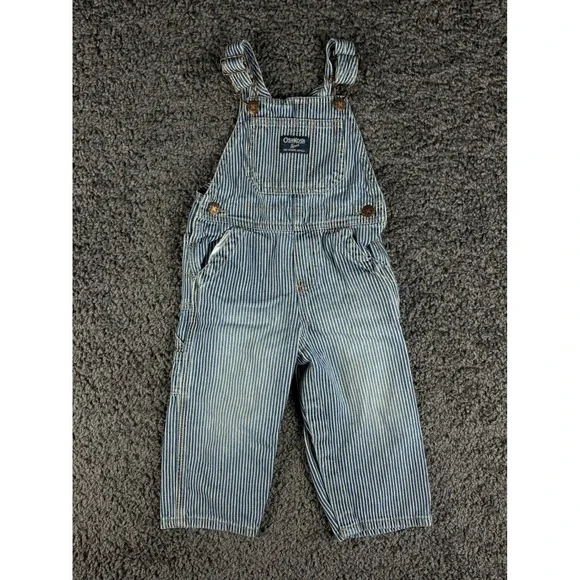 OshKosh Bgosh Toddler 24M Hickory Stripe Denim Overalls Blue White Vestbak Bib