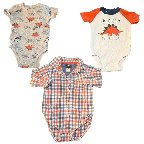 OshKosh Carter's Bodysuit Bundle Baby Boy 24M Orange Blue Dinosaur‎ Plaid 3pc