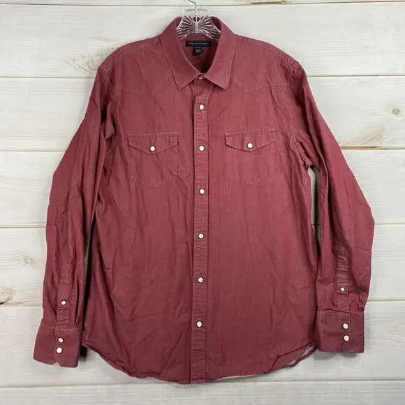Banana Republic Shirt Mens L 16-16.5 Red Pearl Snap Long Sleeve Western Pockets